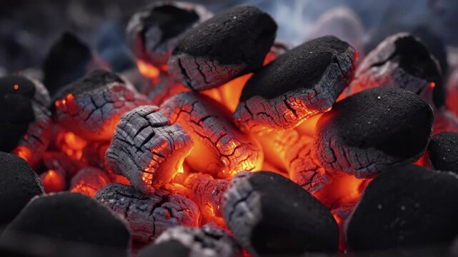 Glowing charcoal briquettes ready for grilling, emitting intense heat and light