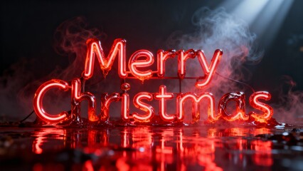 Molten Red 3D Neon Merry Christmas Typography with High-Contrast Glow and Glossy Metallic Shine”