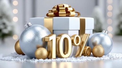 Festive winter display with rotating holiday promotion, shimmering gold 10 percent off sign surrounded by sparkling gift boxes, silver and gold ornaments and snowy accents