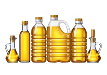 Variety of liquid edible oils in different bottles and cruets for cooking and baking. isolated on transparent background