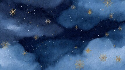 Magical winter night sky watercolor illustration evokes cozy festive holiday dreams