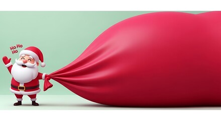Cartoon santa claus pulling a large red bag on a light green surface, symbolizing christmas and the holiday season with a playful mood.