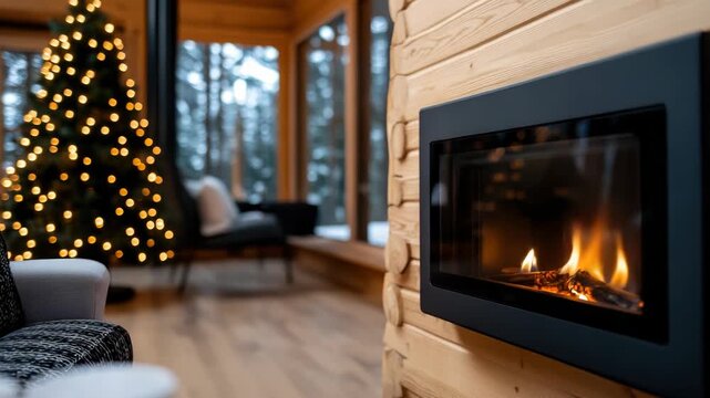 Inviting chalet living room with a roaring modern fireplace and a twinkling holiday tree casting warm bokeh light, evoking cozy winter comfort and festive charm