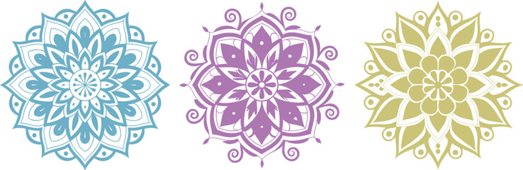 Colorful mandala trio featuring blue, purple, and green symmetrical floral designs. Each pattern shows detailed line art ideal for and spiritual themes. Perfect for prints, crafts, and creative 