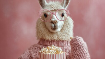 Obraz premium A llama clad in a soft pink sweater and glasses munches on popcorn while surrounded by a warm pink backdrop, creating a whimsical and entertaining atmosphere.