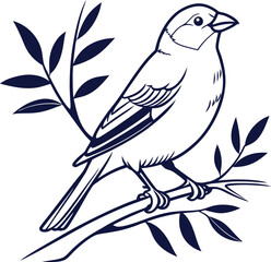 Elegant line art bird perched on a leafy branch. Detailed minimalist illustration perfect for nature themes,  and graphic designs. Ideal for calm, organic, and artistic projects.