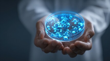 hands holding petri dish with colonies, researcher presentation scene in clinical lab setting, gloved palms, sterile coat, focused closeup for educational demonstration and quality control workflow