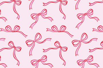 Seamless pattern with hand-drawn pink bows on a light background. Cute decorative design for wrapping paper, textile, wallpaper, packaging, and girly themes.