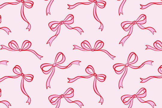 Seamless pattern with hand-drawn pink bows on a light background. Cute decorative design for wrapping paper, textile, wallpaper, packaging, and girly themes.