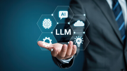 Businessman presenting the large language model llm concept with ai, machine learning, and innovation icons