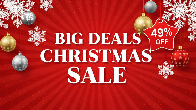 Red Sunburst Christmas Sale Banner with Snowflakes and Ornaments Offering 49% Off big deals discount