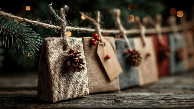 Christmas advent calendar gift bags in burlap with jute handles, pinecone and spruce accents, snowflake tags on weathered wood, warm bokeh lights creating a cozy, rustic scene	
