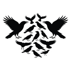 Obraz premium Flock of black crows in flight and perched forming a heart shape