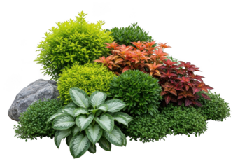 Vibrant ornamental garden plants, diverse foliage, rock, and lush greenery isolated on transparent background