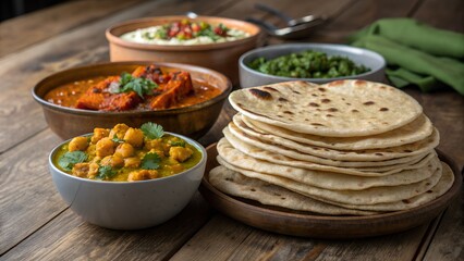 A delicious indian feast featuring a stack of warm chapati breads alongside flavorful curries and dips