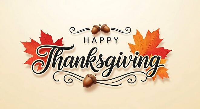 Happy thanksgiving message with decorative acorns and autumn leaves on a beige backdrop, conveying warmth and gratitude for the holiday season.