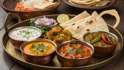 A vibrant and authentic indian thali platter overflowing with delicious curries naan bread and refreshing raita perfect for a culinary adventure