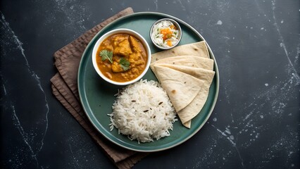 A delicious indian meal featuring chicken curry basmati rice naan bread and a small side of raita
