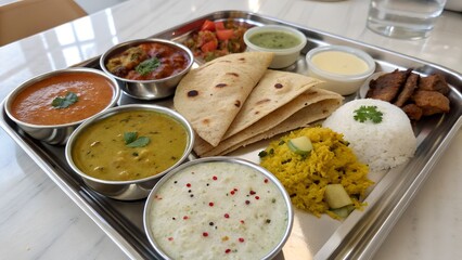 A vibrant and diverse indian thali meal featuring an assortment of curries rice bread and chutneys presented on a metal tray