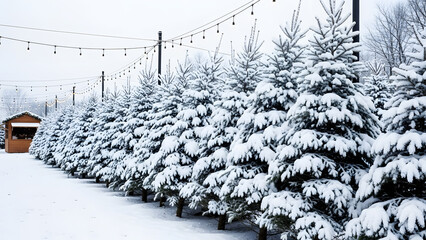 Snowy Christmas Tree Farm with Rows of Evergreen Trees and String Lights winter
