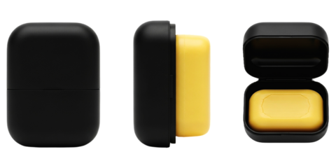 Black soap container with yellow soap bar on transparent background hygiene product bathroom accessory travel essential