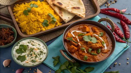 Delicious indian cuisine featuring rich chicken tikka masala saffron rice raita and naan bread