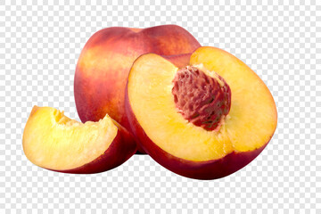 Fresh Peach with Half and Slice on Transparent Background – Juicy Yellow Fruit Close-Up.