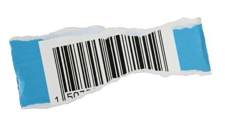 Barcode label torn paper identification product code scan retail blue white black lines price tag on transparent background