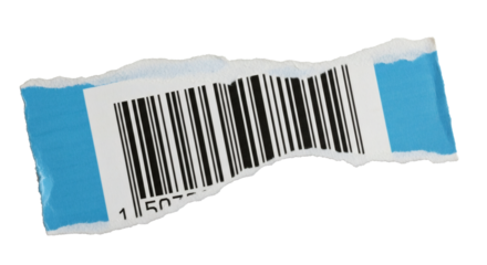Barcode label torn paper identification product code scan retail blue white black lines price tag on transparent background