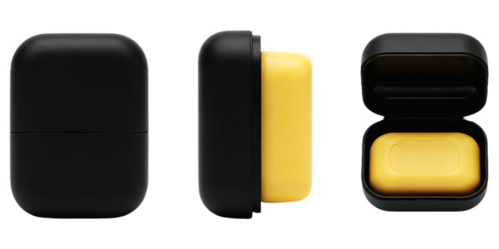 Black soap container with yellow soap bar on transparent background hygiene product bathroom accessory travel essential