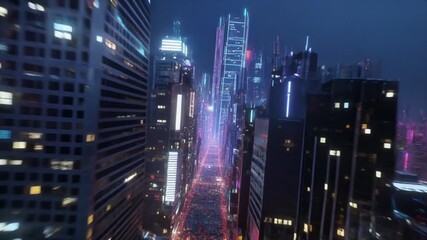 Breathtaking aerial perspective of a vibrant futuristic cityscape at night, showcasing towering skyscrapers and neon-lit streets that pulse with dynamic urban energy and architectural marvels - Powered by Adobe