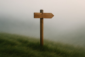 Single wooden signpost with one blank arrow pointing right emerging from a field of long, blowing, green grass on a hazy or foggy hill