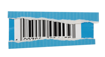 Torn paper barcode label product identification scan retail blue white black identification number code on transparent background