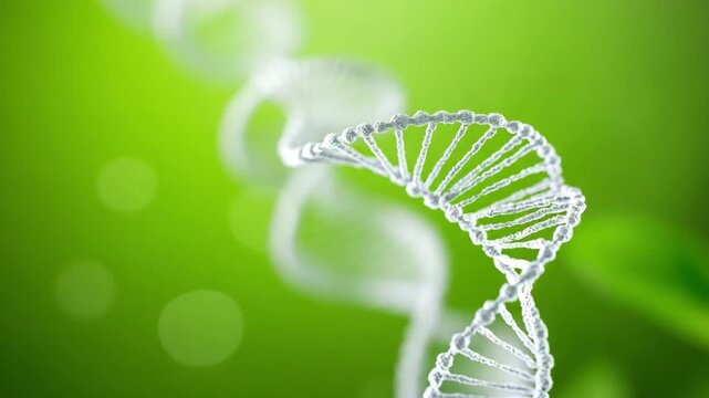 DNA Strand's Elegance: A captivating macro view highlights a shining DNA strand gracefully twisting against a vibrant green backdrop, showcasing the intricacies of life's fundamental building blocks.