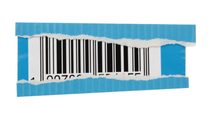 Torn paper barcode label product identification scan retail blue white black identification number code on transparent background
