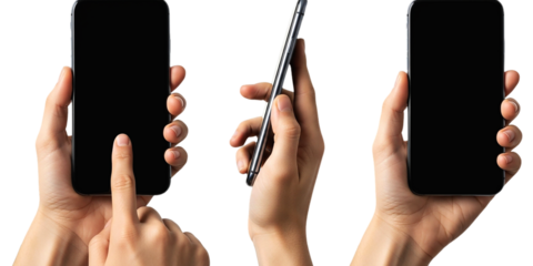 Hands holding Smartphones with Black Screen Mobile Phone Mockup Template App UI UX Design on transparent background