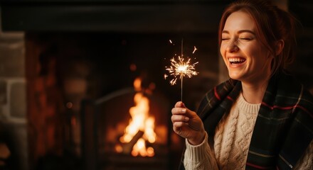 Woman celebrating New Year's Eve with sparkler by fireplace  