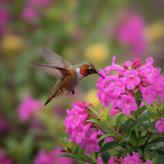 Fototapeta premium Tiny hummingbird with iridescent feathers drinks nectar from vibrant pink flowers in a garden