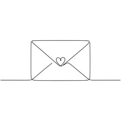 Continuous one line drawing of envelope with heart, minimalist black and white style, love letter and message concept with copy space