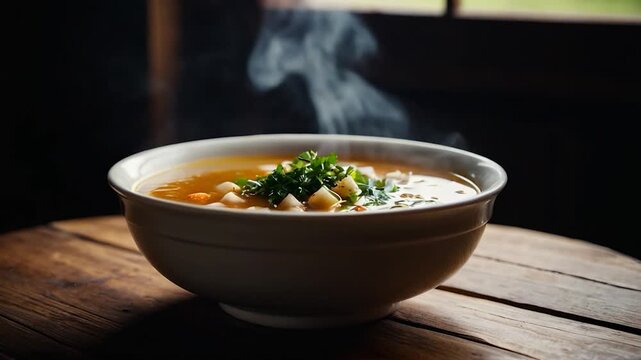 Video A bowl of warm and savory soup sits on a rustic wooden table, perfect for a cozy dinner or brunch