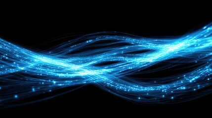 Bright blue light waves swirl gracefully against a black background, creating a captivating visual effect. The pattern suggests motion and depth, enhancing the overall aesthetic.