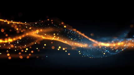 Bright orange and blue light waves flow through a dark space, creating an energetic and vivid atmosphere. This abstract design showcases a blend of fluid motion and glowing particles.