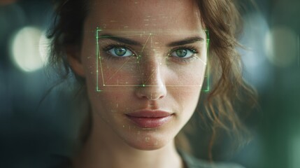 Facial recognition technology maps the features of a woman with striking green eyes in an urban backdrop. The digital overlay highlights her emotional expressions.