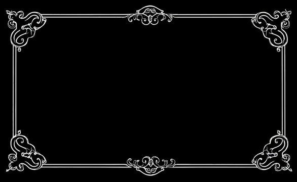 Vintage ornate decorative frame with elegant filigree corners and flourishes on a black background, perfect for title cards or old film projects.