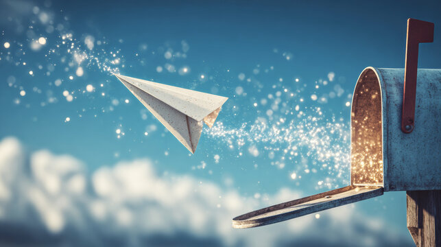 A paper airplane flies out of an open mailbox with magical sparkles against the sky background. - Powered by Adobe