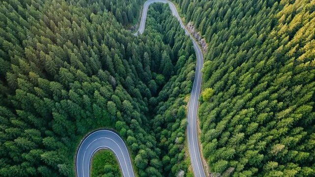 Stunning aerial view of winding road through lush green temperate forest