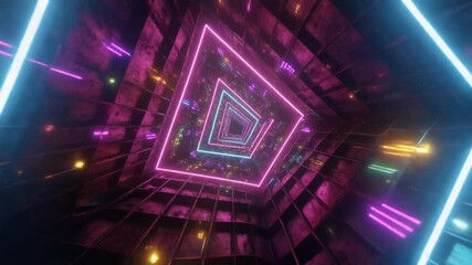 Abstract Neon Tunnel With Colorful Lights and Geometric Pattern Illuminated Architecture