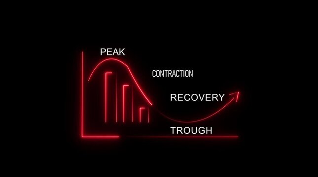 Neon Red Economic Cycle Graph Showing Peak Contraction Recovery and Trough on Black Background Keywords: economic cycle, graph, chart, neon red, peak, contraction, recovery, trough, business