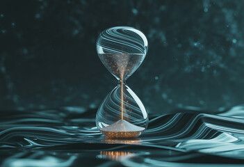 Hourglass with flowing sand and abstract digital patterns reflected in glass against a dark textured background