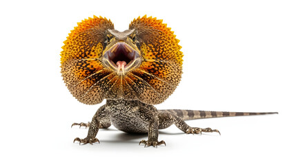 Fototapeta premium Frilled Lizard Threat Display with Expanded Frill on White